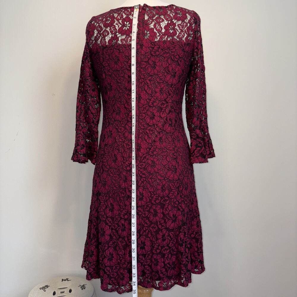 Retro Glam Illusion Lace Floral Holiday Cocktail Dress Burgundy Black 10 - Picture 4 of 15